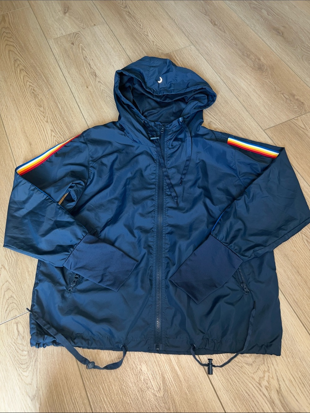 Zyia Navy Hooded Windbreaker Jacket with Rainbow Sleeve Stripe